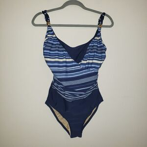 CAROL WIOR NAVYWHITE BLUE STRIPE ONE PIECE SWIMSUIT SIZE 12